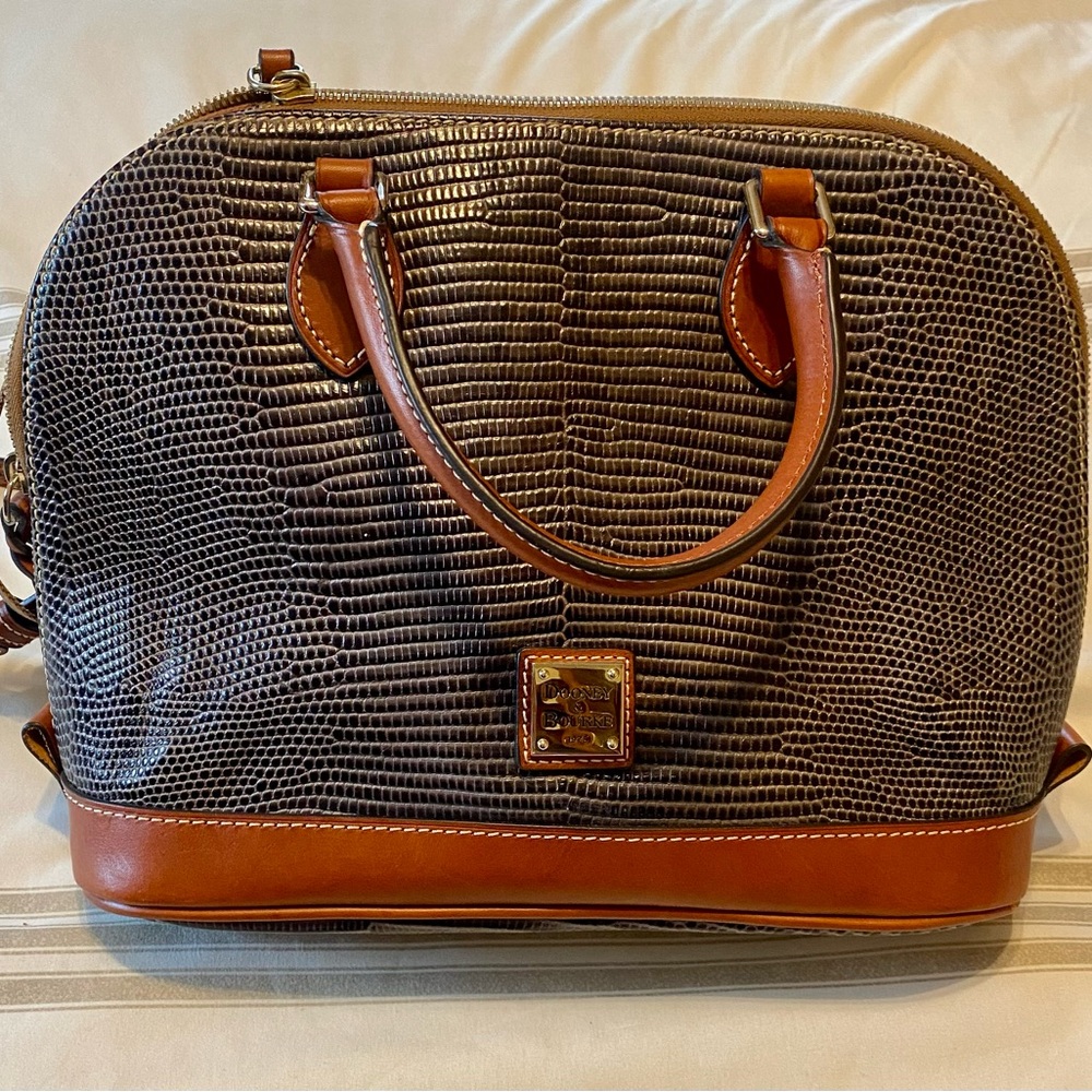 Dooney & Bourke Grey Snake Embossed Leather Zip Zip Satchel